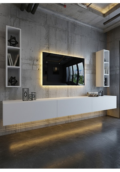 Resital Ledli Duvara Monte Tv Sehpası - Beyaz - W6007-1 Beyaz
