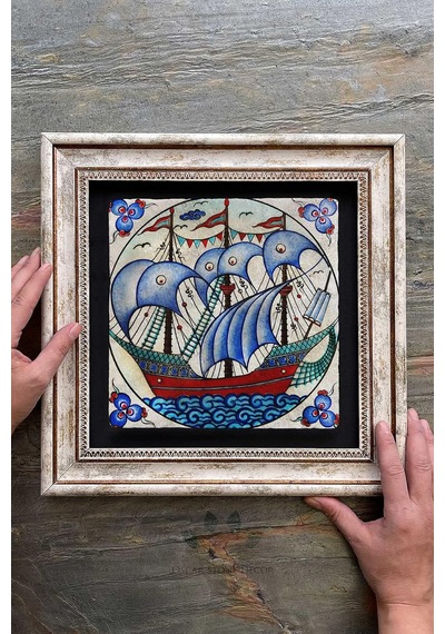 Oscar Stone Decor Çerçeveli Tablo Taş Duvar Dekoru 30 X 30 Cm Çini Seramik Gemi Figürlü Tablo Diğer