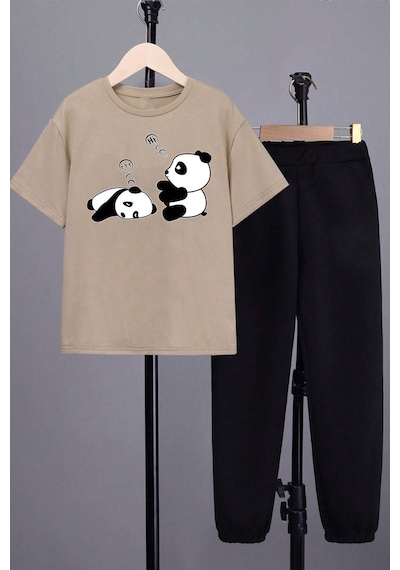 Uyguntarz Çocuk Sleep Panda Alt - Üst Eşofman Takımı Bej