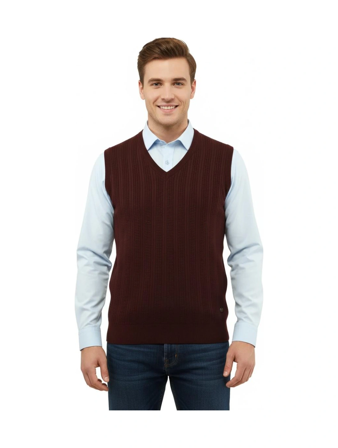 Çizgi Triko Erkek V Yaka Süveter Çelik Örgü Regular Kalıp 5209h Bgl-st04843 Bordo
