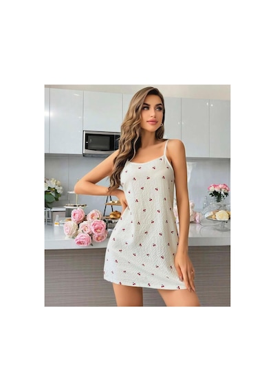 Miss Melly İp Askılı Kiraz Desen Şık Penye Gecelik Beyaz
