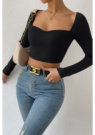 Angbutik Kadın Siyah Uzun Kol Göğüs Dekolteli Şık Crop Top Bluz