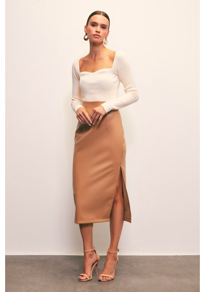 Sateen Yan Yırtmaçlı Deri Etek - Camel