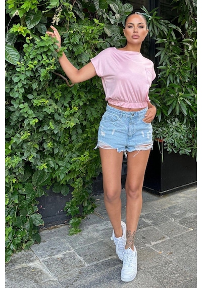 Kadın Pembe Yarım Kol, Geniş Yaka, Tek Cepli, Beli Lastikli Rahat Crop Bluz Pembe