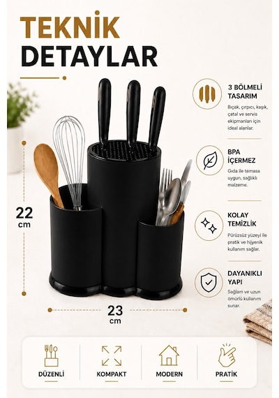 Tezgah Üstü Bölmeli Bıçaklık - Kaşık Kepçe Bıçak Standı Mutfak Düzenleyici Organizer Kaşıklık Siyah S-10137