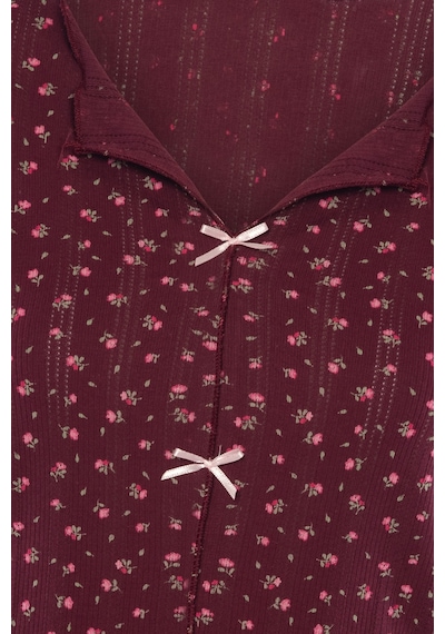 Koza İç Giyim Kadın Kısa Kollu Fiyonklu Fitilli Pijama Takımı Kk30131 Bordo - Pembe