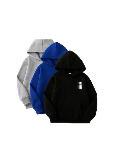 3'lü Kapüşonlu Sweatshirt Seti- Minimal Run Baskılı- Siyah, Saks Mavi, Gri - Kışlık Şardonlu Kumaş Siyah Saks Mavi Gri