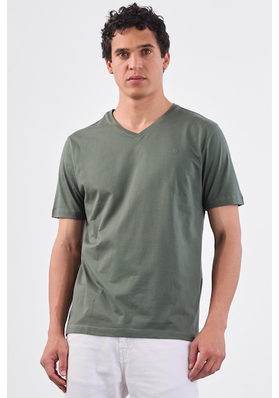 Dufy Haki V Yaka Pamuklu Düz Renk Slim Fit Erkek T-shirt Haki