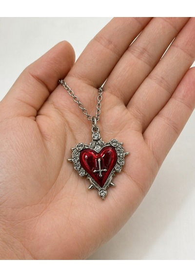 Gotik Kırmızı Kalp Haç Detaylı Kolye Unisex Metal Zincir Çok renkli