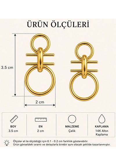 Geometrik Halka Detaylı Gold Renk Çelik Küpe Altın