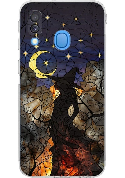 Printify Samsung Galaxy A40 İle Uyumlu Vitray Cadı Saati Tasarımlı Şeffaf Silikon Kılıf Şeffaf