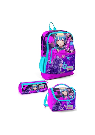 Coral High Kids Mor Pembe Anime Kedi Desenli 3 Lü Okul Çanta Seti Set0123753