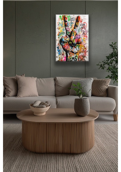 Barış İşareti 4mm Cam Tablo Renkli Pop Art Uv Baskı Beyaz