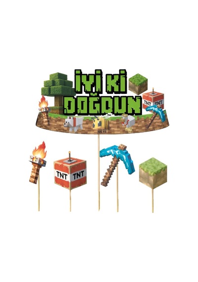 Minecraft Temalı Pasta Kürdan Seti 5'li Doğum Günü Pasta Süsleme Dekoru