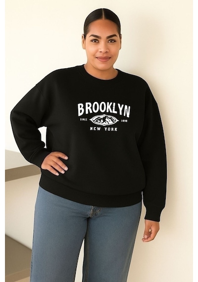 Benroma 3 İplik Penye Brooklyn Baskılı Büyük Beden Unisex Sweatshırt Çok Renkli