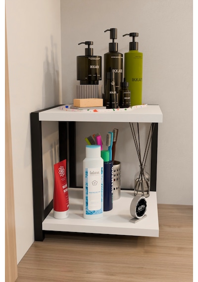 İki Raflı Banyo Köşe Kare Düzenleyici Organizer Raf Metal Gövdeli Çok Amaçlı Banyo Standı Beyaz