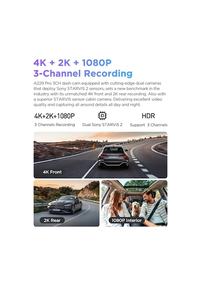 Viofo A229 Pro 3 Kameralı Ön-iç-arka 4k+2k+1080p Hdr Sony Starvis 2 İle Uyumlu Wifi Gps Araç Kamerası