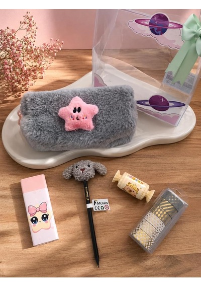 Sevimli Yıldız Temalı Kırtasiye Seti/peluş Kalem Kutusu, Hb Kalem, Silgi, Washi Bantlar, Kalemtıraş Gri - Pembe
