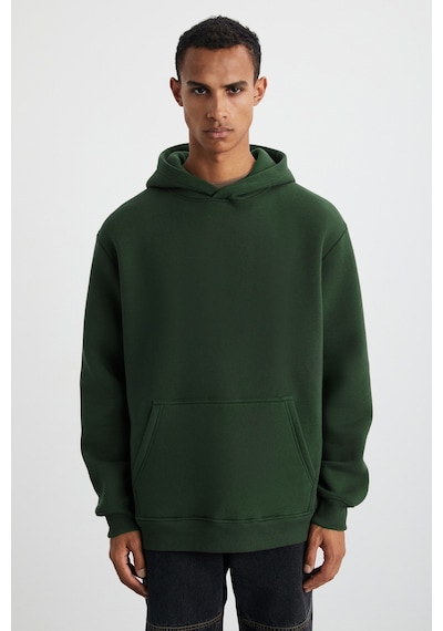 Grımelange Cartmel Erkek Organik Kumaşlı İçi Polarlı Yumuşacık  Kanguru Cepli Kapüşonlu Koyu Yeşil Sweatshirt