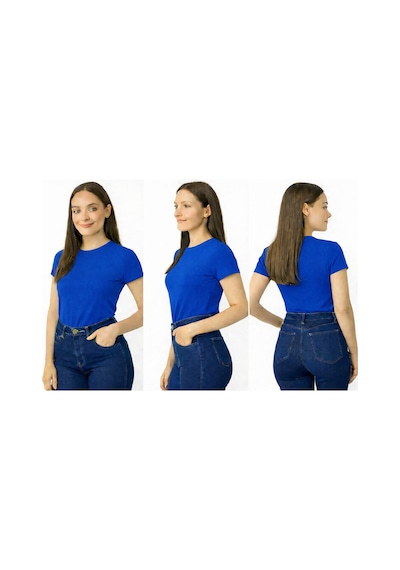 İngegno Body Bisiklet Yaka Yarım Kol Örme Kumaş Viskon Body Kadın Mavi