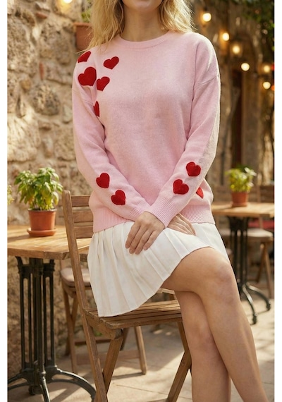 Sayzen Your Shine Kalp Nakışlı Basic Kadın Kazak Tyc78b078cf67382cd7ae1700 Pembe
