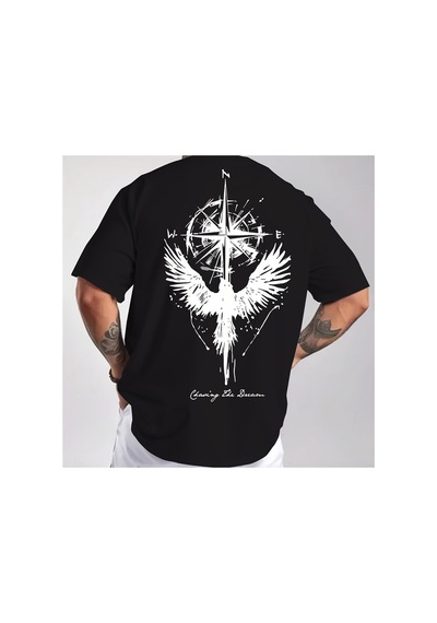 Caddemia Yaz Moda Rahat Gevşek Büyük Pusula Haritası Kuş Desen Baskılı Yuvarlak Yak Siyah 2XL