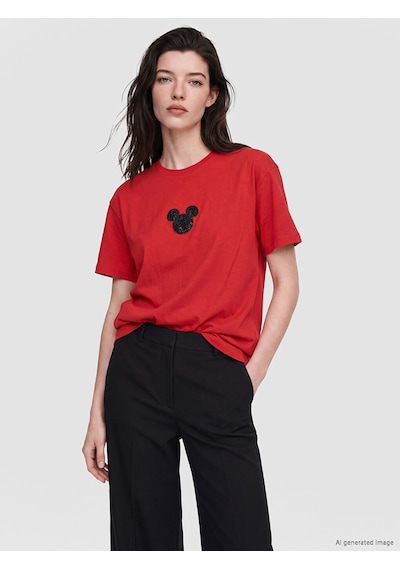 Lcw Comfort Kırmızı Minnie Mouse Nakışlı %100 Pamuklu Kadın Tişört