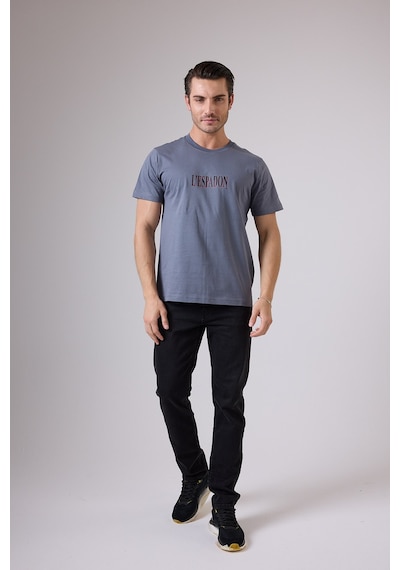Marıne Tee Deniz Temalı Ribana Bisiklet Yaka Pamuk T-shirt-3122 Soluk Arduvaz Mavisi