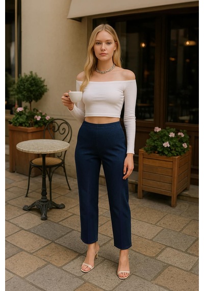 Kadın Beli Lastikli Likralı Yan Cepli Jean Pantolon Lacivert Lacivert