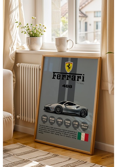 Ferrari 488 Premium Süper Araba Tablosu - Teknik Özellikli İtalyan Otomobil Duvar Dekoru Kayın