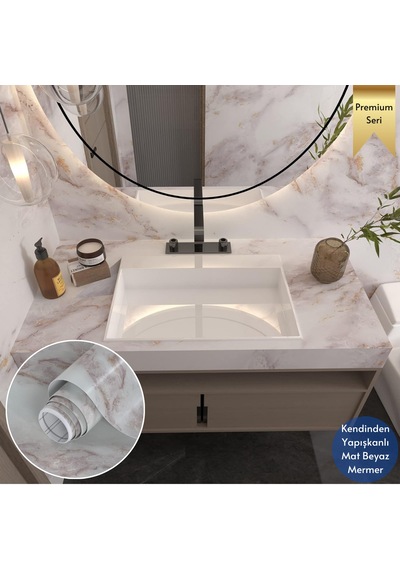 Technosmart 60x100cm Mermer Desen Kendinden Yapışkanlı Duvar Kağıdı Kaplama Mutfak Tezgeh Masa Folyo Beyaz 2