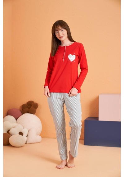 Pjs Kadın Anne-kız %100 Pamuklu Kalpli Desenli Çizgili Uzun Kollu Pijama Takım Kırmızı