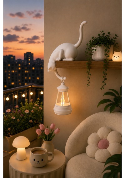 Dekoratif Kedi Raf Süsü Ve Led Fener Seti 24cm Modern Masa & Duvar Dekoru Beyaz