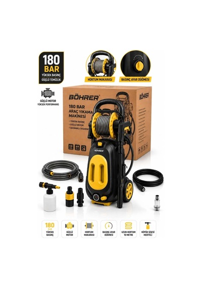 Böhrer Ba011516 180 Bar Yüksek Basınçlı Oto Yıkama Makinesi Hortum Makaralı Basınçlı Araç Yıkama Makinesi