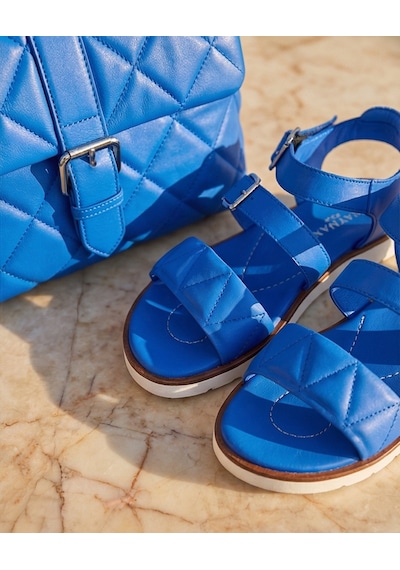 Futsishoes Garnet Lacivert Hakiki Deri Çift Toka Detaylı Kadın Sandalet Ayakkabı