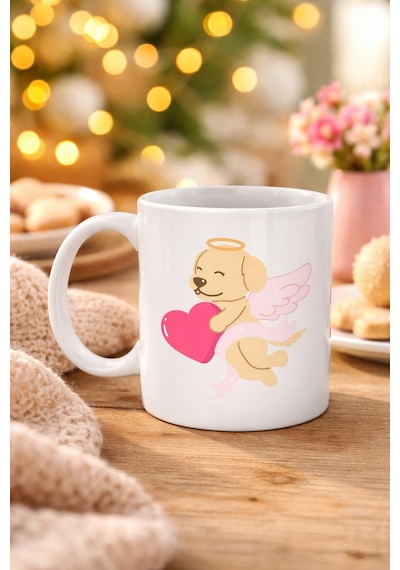 Hemengo Melek Golden Retriever Köpek Tasarımlı Porselen Kupa Model 55 Kalpli, Sevgiliye Özel, Sevimli Hediye Kup Diğer