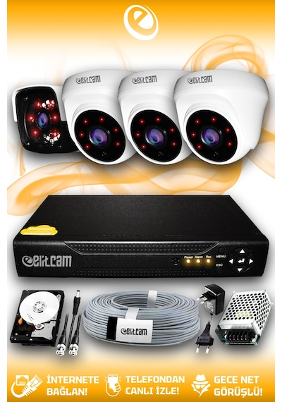 Elitcam 4 Kameralı Panda 3 İç Kamera Set 2 TB HDD Full HD Gece Görüşlü Güvenlik Kamerası Sistemi