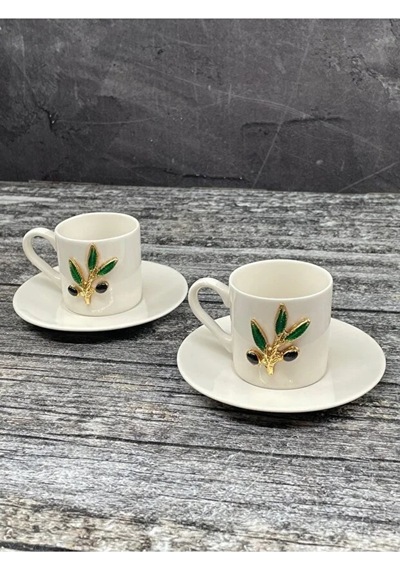 El Yapımı Zeytin Dalı - 4 Parça 2 Kişilik Kahve Fincan Takımı 80 Ml- Seramik Türk Kahve Bardağı Diğer