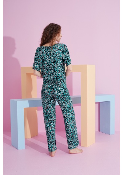 Siyah İnci Likralı Örme Pijama Takım 7803 Yeşil Leopar