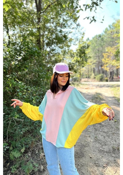Kadın Pembe Polo Yaka, Yarasa Kol, Lastikli Manşet, Asimetrik Color Block, Salaş Sweatshirt Bluz Pembe