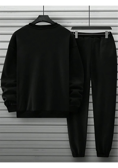 Balance Kalın Kışlık Eşofman Takımı - Siyah Sweatshirt Jogger Oversize Bisiket Yaka Siyah