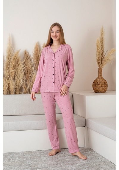 Nisanca Uzun Kollu Milan Gömlek Pijama Takımı- Soft Seri Pudra