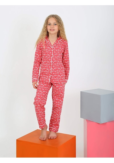 Düğmeli Kız Uzun Kollu 'hoho' Model Pijama Takımı Fuşya