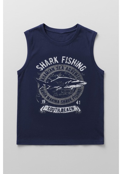 Markapia Man Erkek %100 Pamuk Bisiklet Yaka Shark Baskılı Kolsuz T-shirt İndigo S