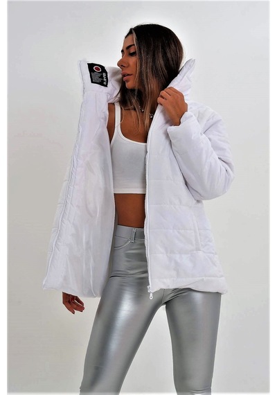 Keyifli Moda Kadın Beyaz Dik Yaka Uzun Şişme Mont