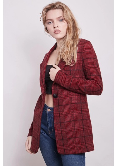 Ekose Desenli Yakalı Uzun Kol Tek Düğme Yünlü Kumaş Blazer Ceket-bordo Ekose Bordo Eks.