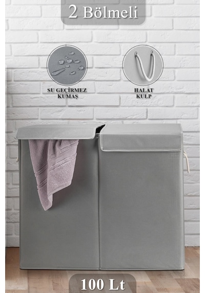 Meleni Home Iki Bölmeli Mega Boy Çamaşır Sepeti - Kulplu Katlanır Banyo Kirli Çamaşır Sepeti 50 Lt + 50 Lt Diğer