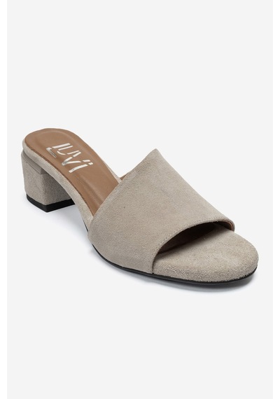 Luvi Shoes Delavıe Bej Süet Hakiki Deri Kadın Kalın Topuklu Terlik