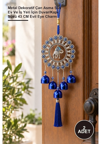2 Adet Metal Nazar Boncuğu Çan Metal Dekoratif Çan Asma Süs Ev Ve İş Yeri İçin Duvar/kapı Süsü 43 Cm Evil Eye Charm