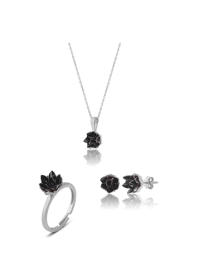 Zanaatsilver 925 Ayar Gümüş Siyah Taşlı Lotus Çiçeği Takım & Seti
